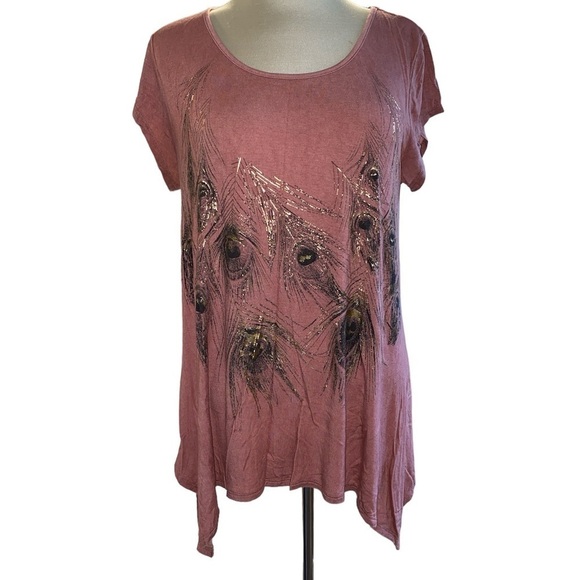 Monroe & Main blouse short sleeves peacock feathers print  shark bite size Large - Picture 1 of 7